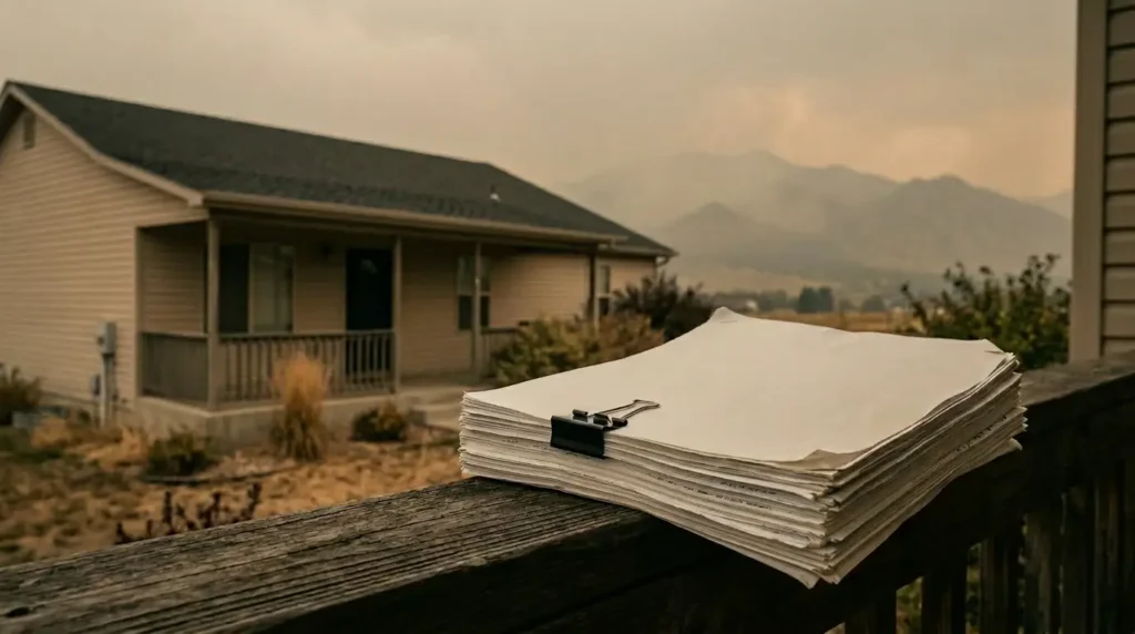 Insurance documents on porch railing with smoky Colorado mountains — wildfire total loss claim