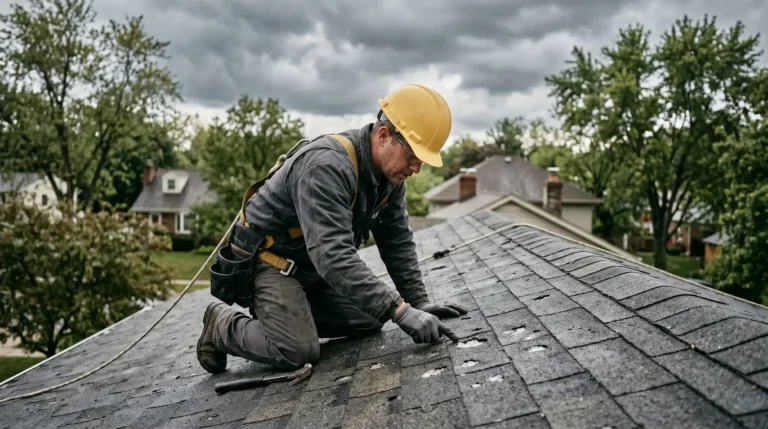 Roofing contractor inspecting hail damage on asphalt shingles after storm with suburban neighborhood in background