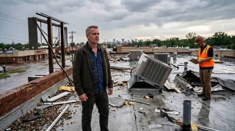 Commercial property owner inspecting wind and hail roof damage before invoking the appraisal clause to dispute an underpaid claim