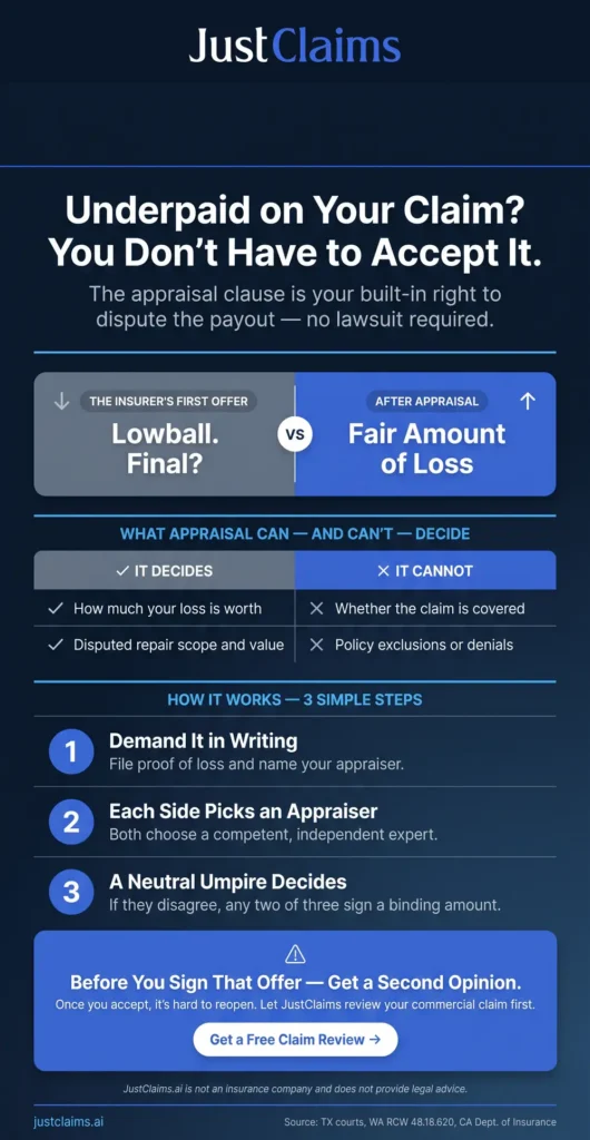 Infographic on the insurance appraisal clause: what it decides versus coverage, and the 3 steps to dispute an underpaid commercial claim