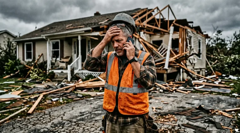 Frustrated contractor on phone outside heavily storm-damaged home during insurance claim dispute