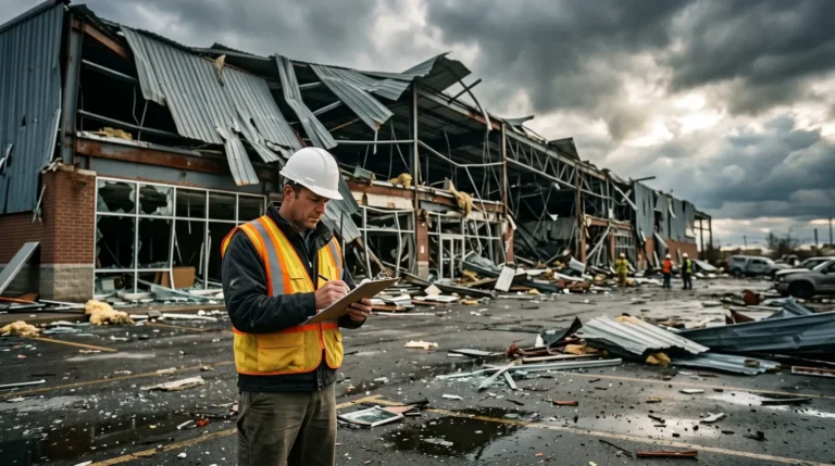 Insurance adjuster reviewing clipboard in front of tornado-damaged commercial building