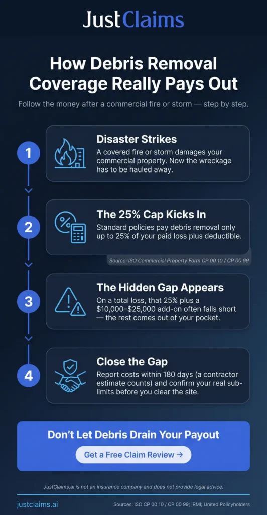 Debris removal insurance coverage limits infographic showing the 25% cap, $10,000–$25,000 additional limit, and 180-day reporting deadline for commercial property claims