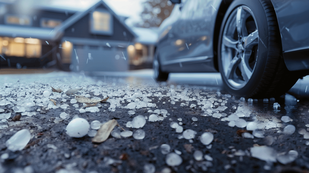 Hailstones covering a driveway next to a parked car after a Denver hail storm, with a residential home in the background