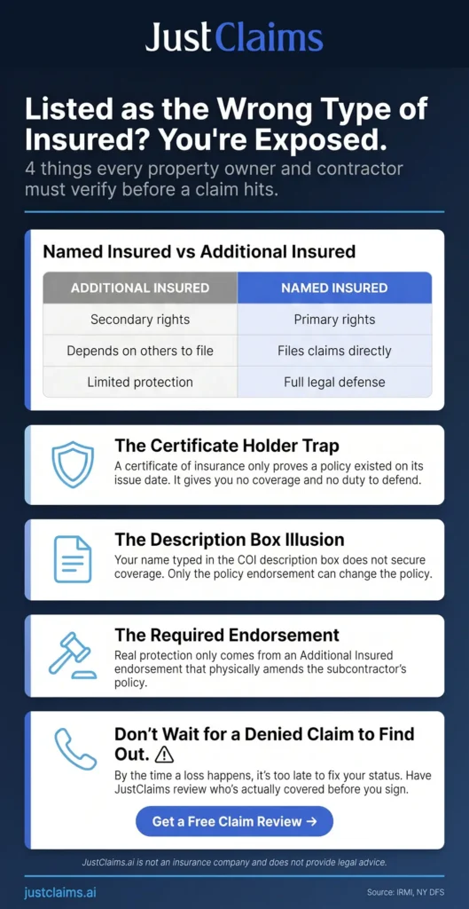 Infographic comparing named insured vs additional insured rights and the three certificate of insurance scenarios for contractors
