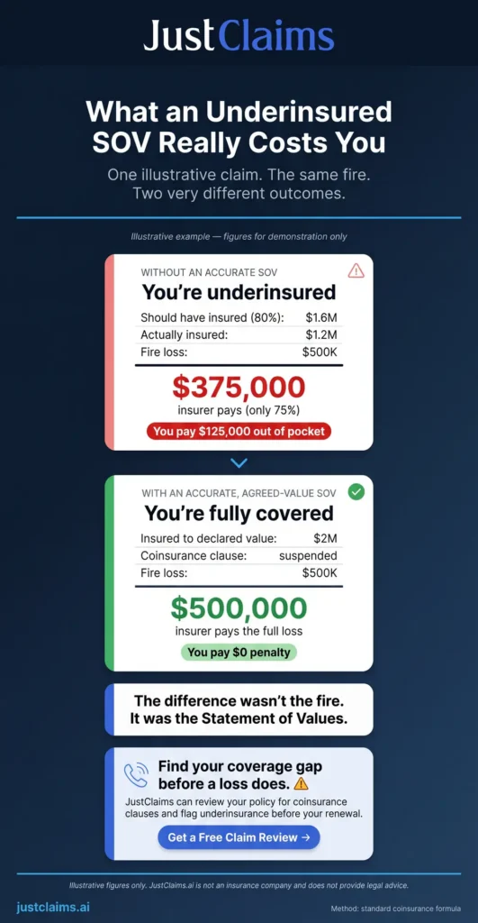 Illustrative example showing how an underinsured statement of values triggers a coinsurance penalty on a commercial fire claim