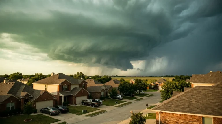 Supercell thunderstorm approaching a Texas suburban neighborhood during hail season