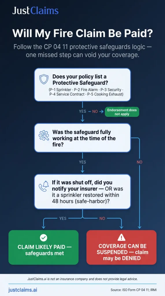 CP 04 11 decision flowchart showing how protective safeguard compliance determines whether a commercial fire claim is paid or denied