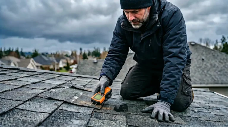 Professional roof inspector using moisture meter to assess wind-damaged shingles on residential roof under storm sky