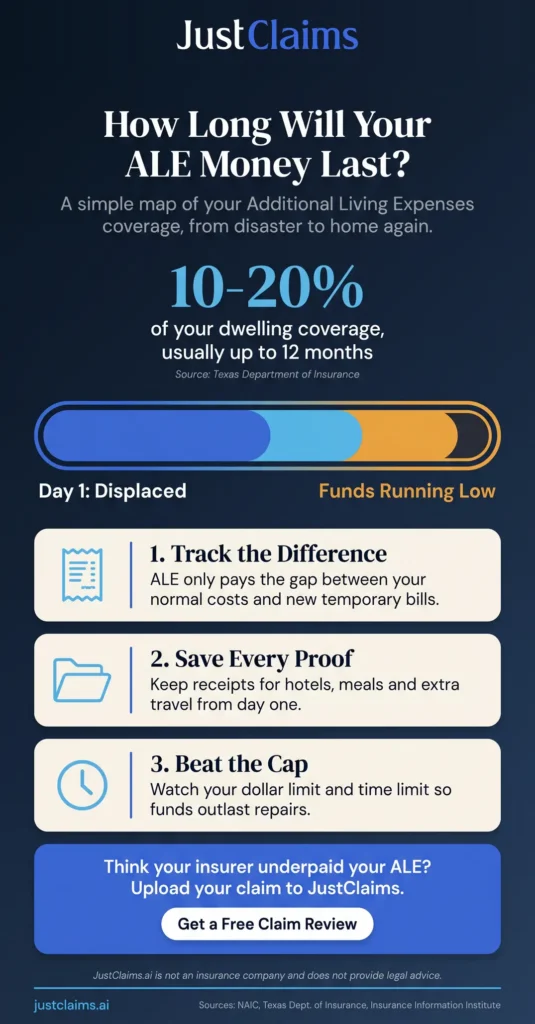 Infographic showing what additional living expenses ALE coverage pays and how to track reimbursements