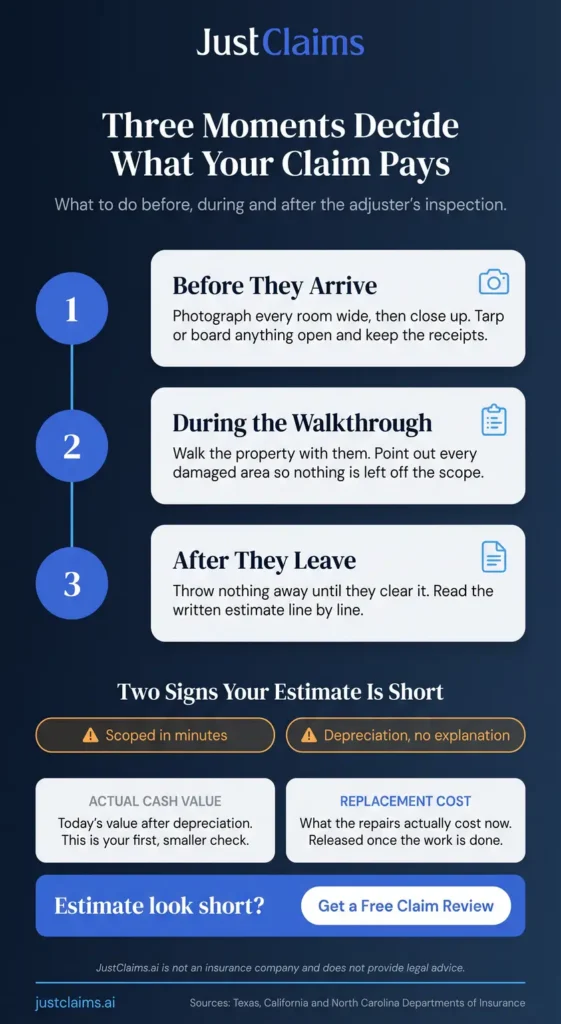 Insurance adjuster inspection timeline for before, during and after, with actual cash value versus replacement cost