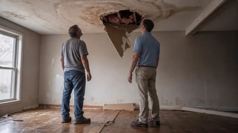 Insurance adjuster inspection of a collapsed water-damaged ceiling with the homeowner looking on
