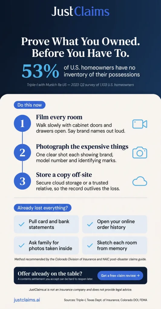 Personal property inventory checklist infographic showing 53% of US homeowners lack an inventory plus three documentation steps