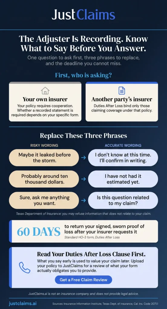 Infographic showing which insurer's request applies and three risky recorded statement phrases replaced with accurate wording