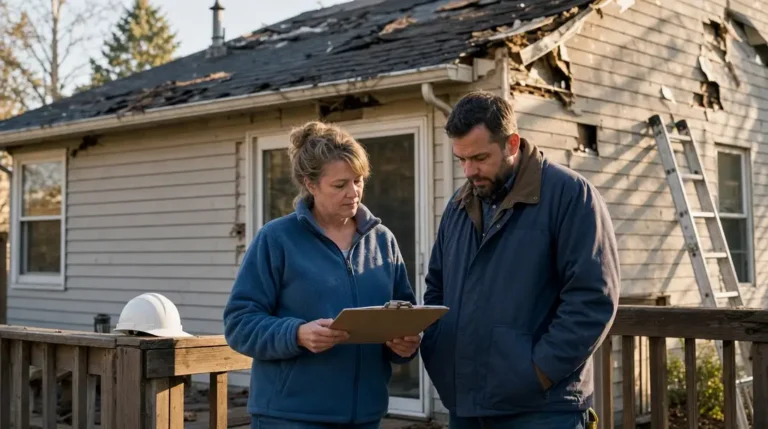 Homeowner and contractor reviewing recoverable depreciation repair documents at storm-damaged house