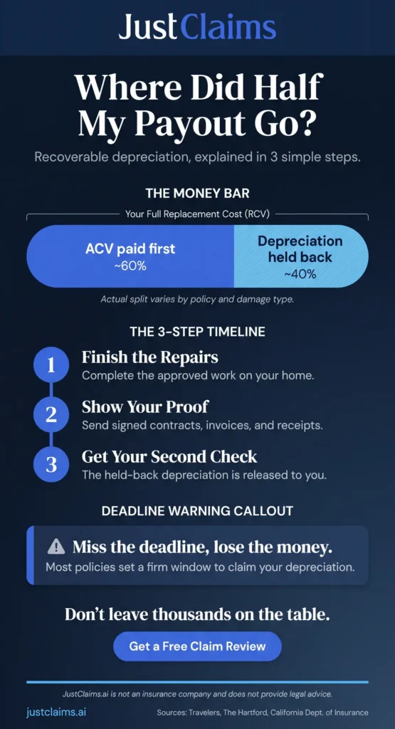 Recoverable depreciation infographic showing the two-part insurance payout and three requirements to release your withheld check