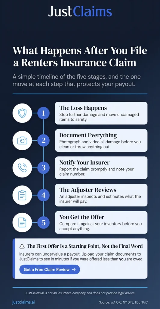 Infographic showing four steps to file a renters insurance claim and how renters coverage differs from a landlord's policy