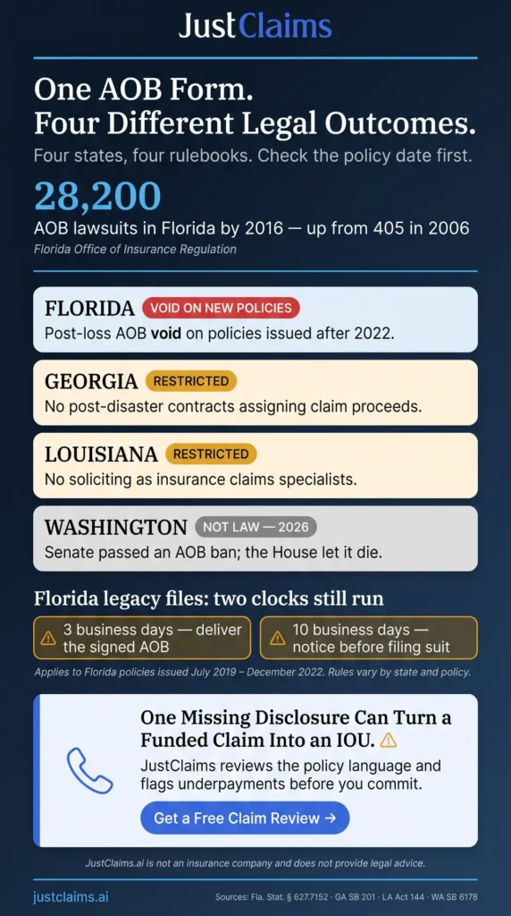 Assignment of benefits (AOB) state laws for contractors: Florida, Georgia, Louisiana, Washington compared