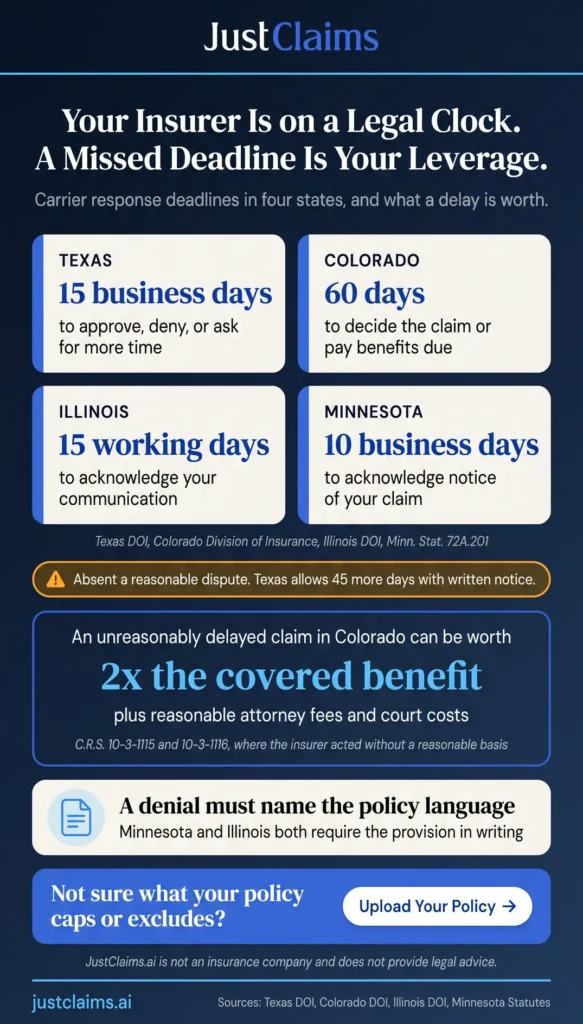 Commercial property insurance claim deadlines in Texas, Colorado, Illinois and Minnesota with Colorado's double-benefit delay penalty