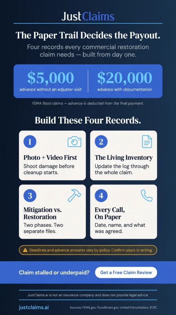 Commercial restoration claims documentation infographic showing FEMA advance payments and the four records adjusters require