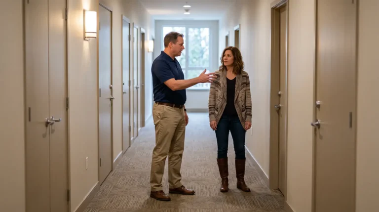 HOA master insurance policy explained as a property manager discusses unit coverage with a condo owner in a common hallway