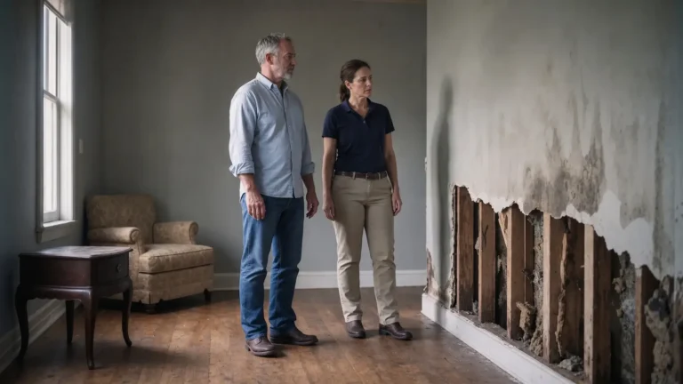 Homeowner and insurance adjuster reviewing water damage while negotiating an insurance settlement