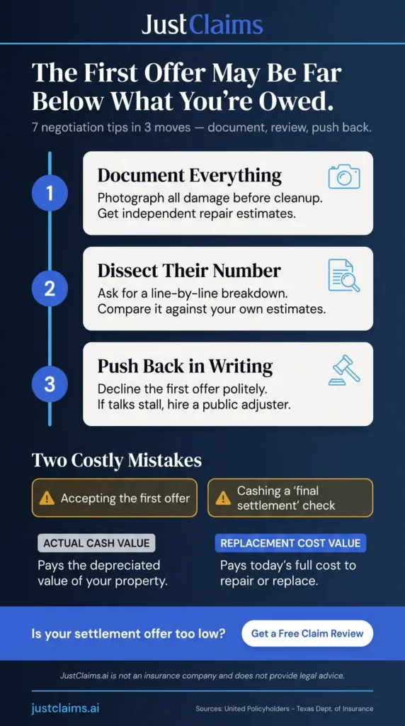 Infographic explaining how to negotiate an insurance settlement in three moves, plus actual cash value vs replacement cost