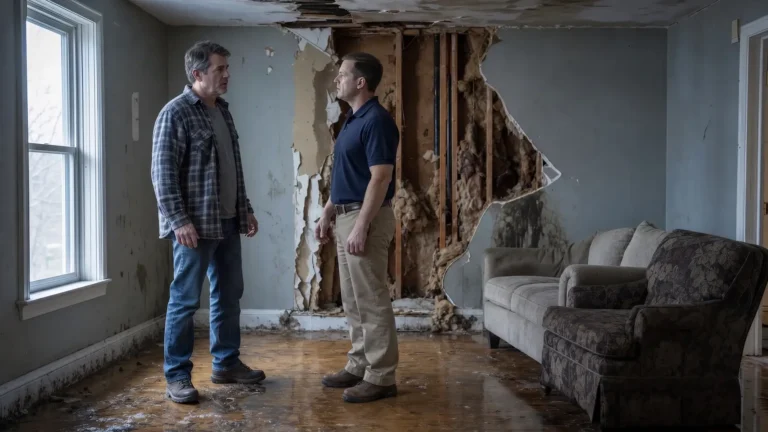 Property owner negotiating an insurance settlement with an adjuster in a water-damaged living room