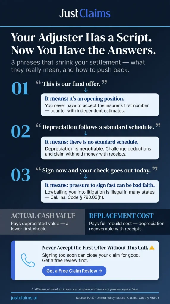 Infographic showing how to negotiate an insurance settlement: ACV vs RCV, evidence, depreciation, and bad-faith tips