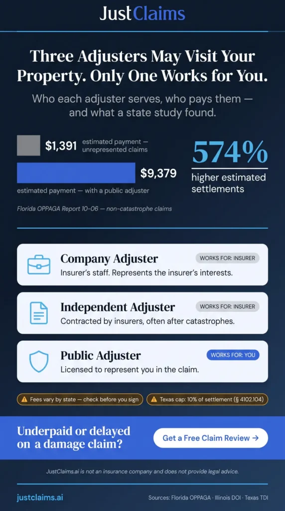 Property damage claim help infographic comparing company, independent, and public adjusters with 574% settlement study