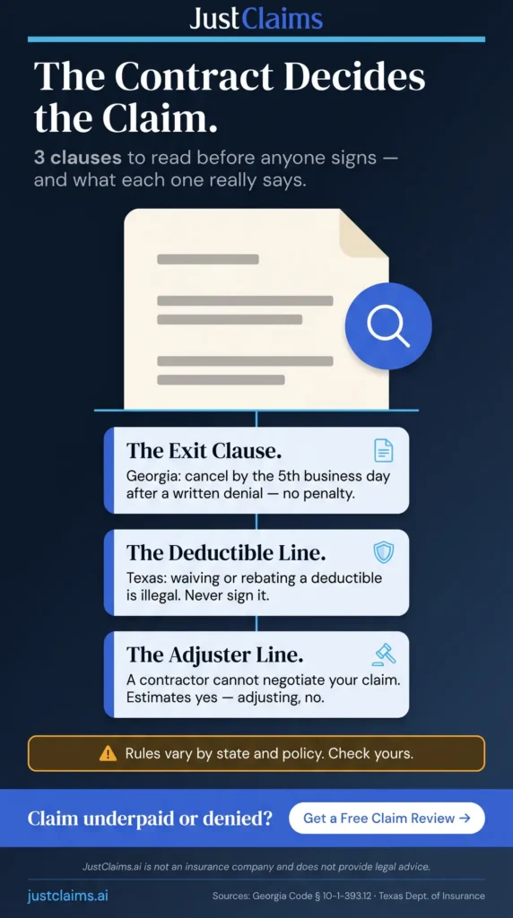 Infographic explaining three roofing contract clauses for insurance claims: cancellation rights, deductible waiver ban, and contractor adjuster limits