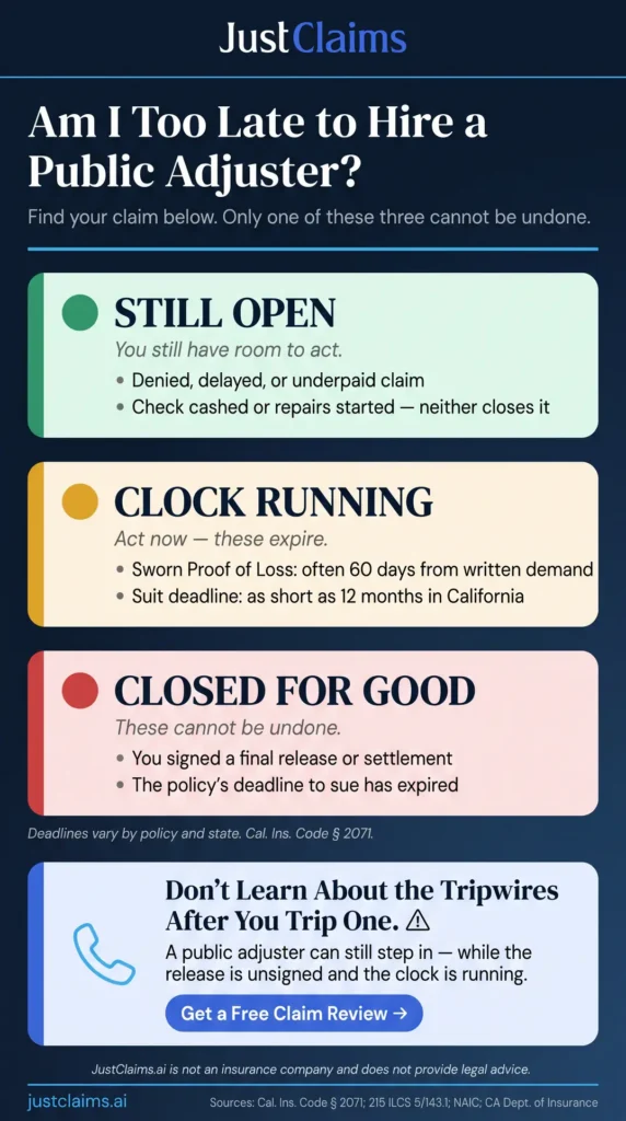Infographic showing when it's too late to hire a public adjuster by claim status