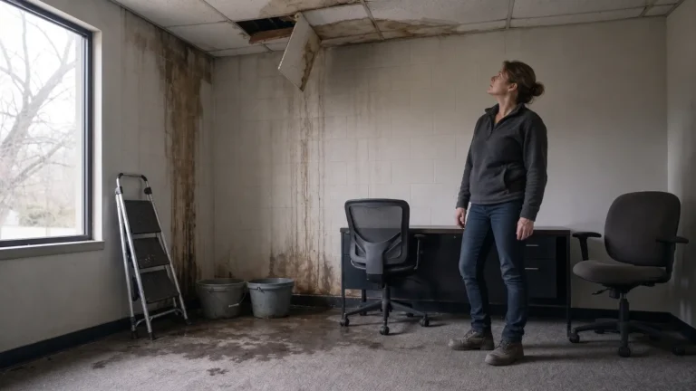 Too late to hire a public adjuster? Property manager inspects water-damaged office ceiling