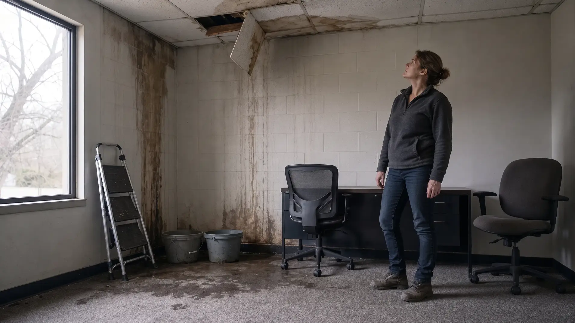 Too late to hire a public adjuster? Property manager inspects water-damaged office ceiling