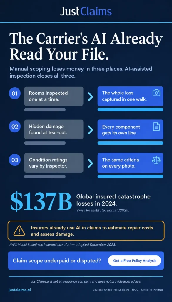 Infographic: three ways manual commercial insurance claim scoping loses money and how AI property inspection closes them