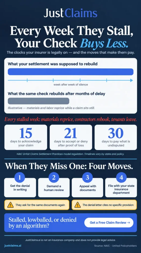 Bad faith insurance claim infographic showing insurer delay deadlines, red flags, and four fight-back steps