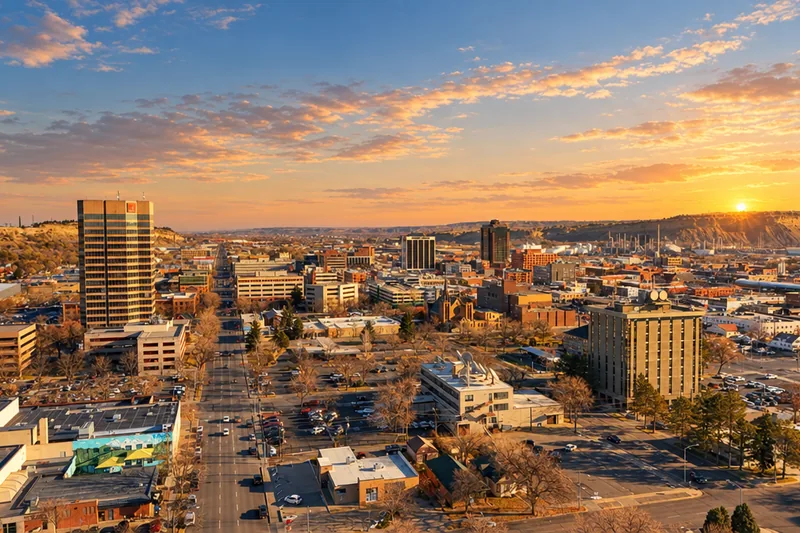 Billings Montana downtown skyline beneath the Rimrocks at golden hour