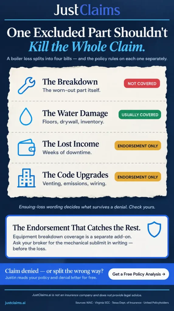 Boiler insurance claims infographic showing what standard policies cover versus equipment breakdown coverage