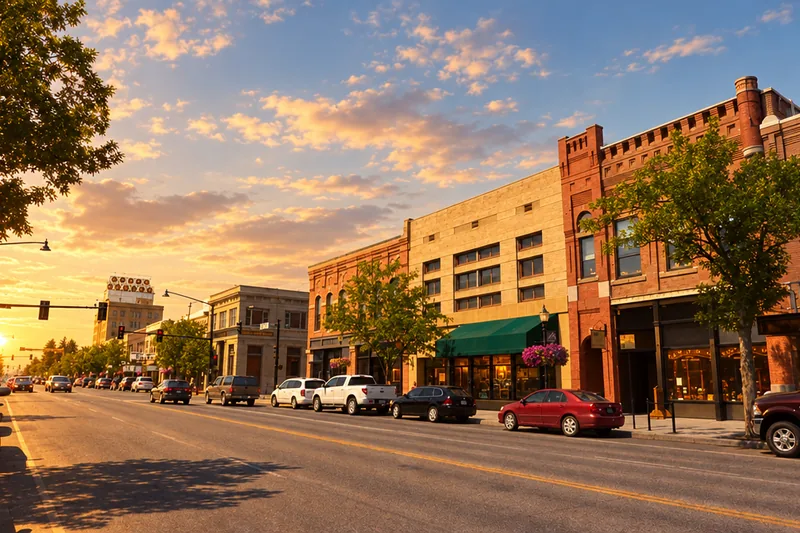 Downtown Bozeman Montana with Bridger Mountains in golden hour light