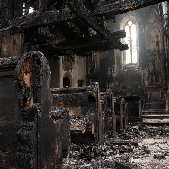 Fire damage inside a church sanctuary with charred pews and beams