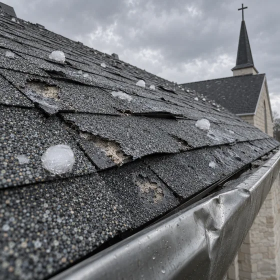 Hail damage on church roof shingles with dented metal gutter