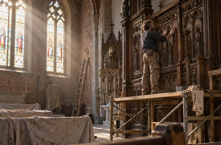 Craftsman on scaffolding restoring ornate carved wood paneling inside a historic church sanctuary