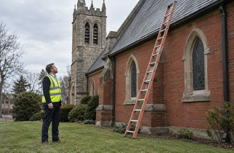 Public adjuster documenting storm damage on a church slate roof