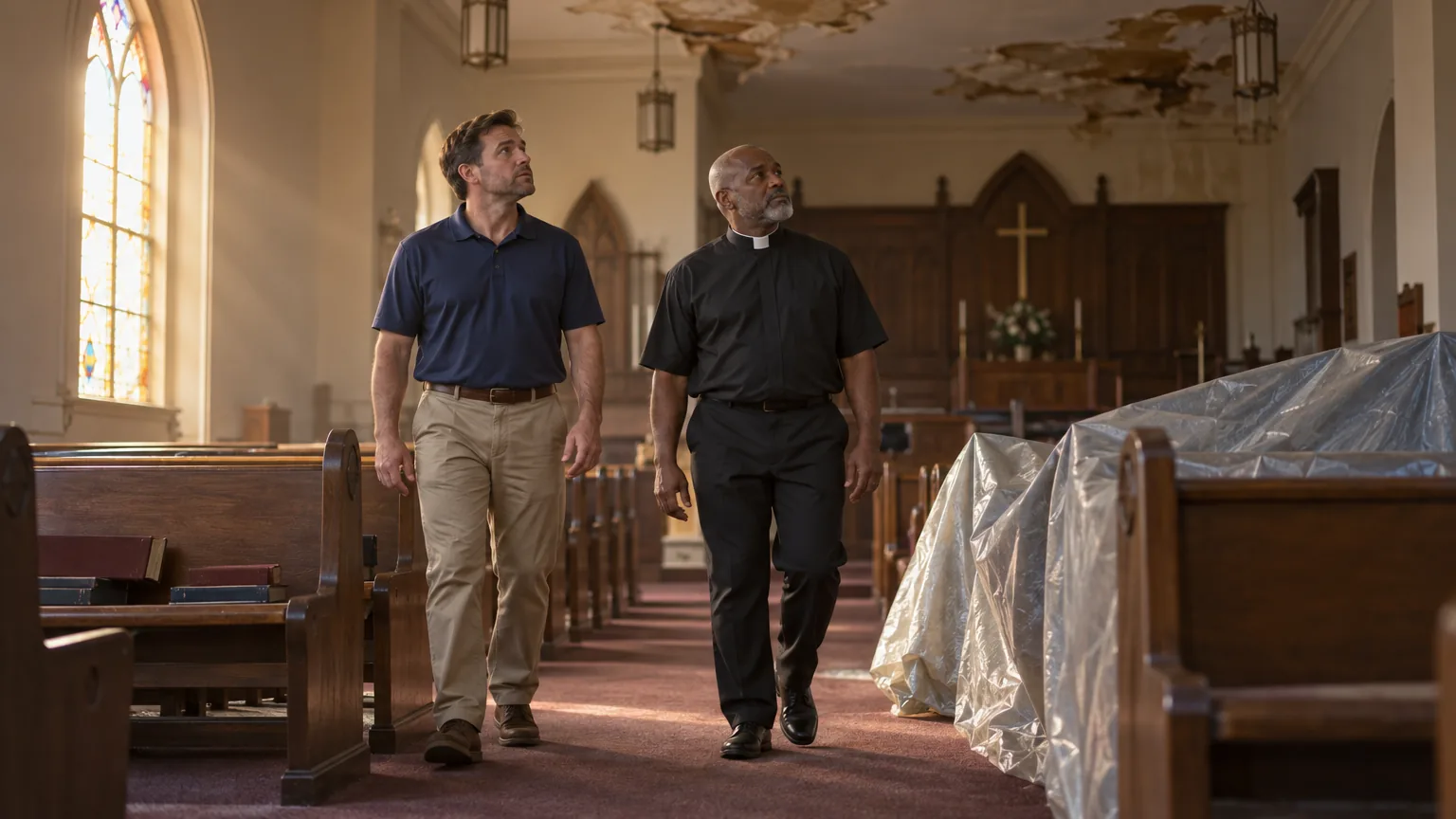Public adjuster and pastor reviewing storm damage inside church sanctuary