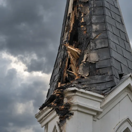 Lightning strike damage charring a church steeple