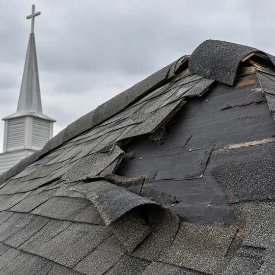 Wind-torn church roof shingles exposing damaged underlayment