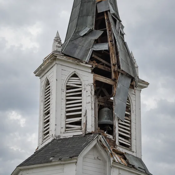 Storm-damaged church steeple and bell tower with torn cladding