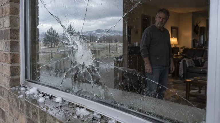 Homeowner looks at a hail-shattered window while weighing a Colorado hail damage insurance claim
