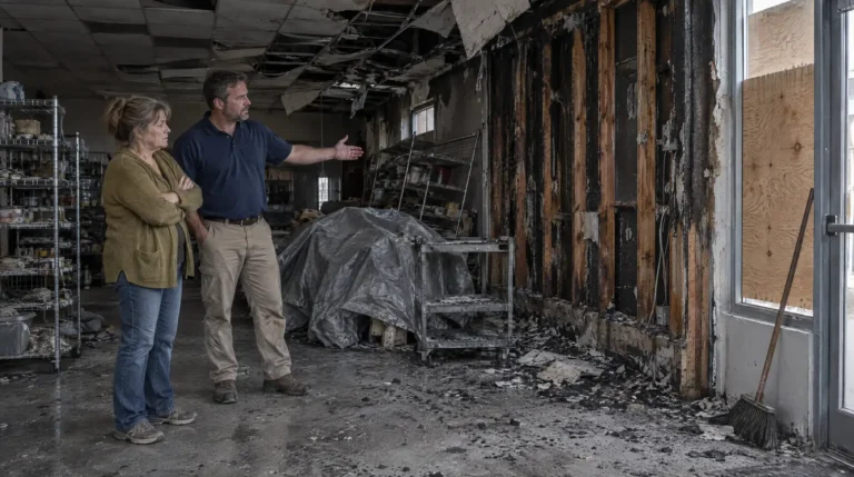 Shop owner and estimator reviewing commercial fire claim documentation inside a fire-damaged retail unit