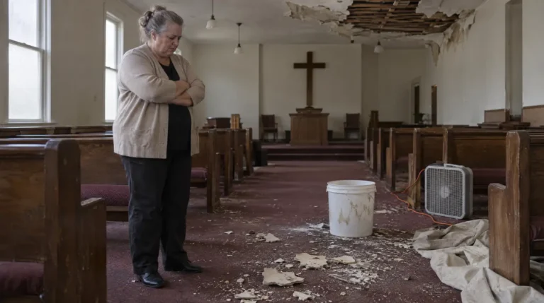Worried church trustee surveying water-damaged sanctuary ceiling during a denominational church insurance claim